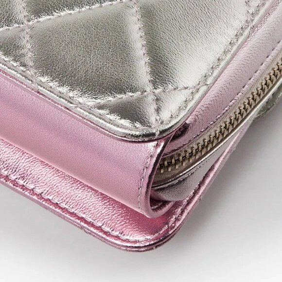 Chanel Pink Iridescent Quilted Lambskin Leather Flap Wallet Bag - Picture 10 of 11